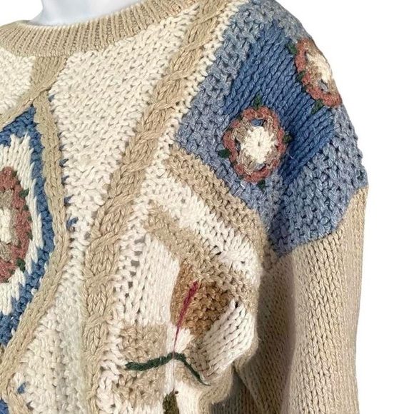 Vintage 90s Women’s Patchwork Fisherman Sweater Hand Knit M Boho Coastal Grandma - Picture 3 of 8